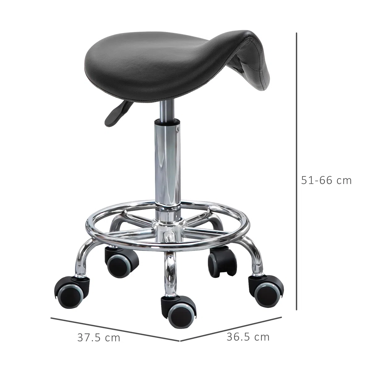 HOMCOM Sgabello con 5 Ruote, Sgabello Regolabile in Altezza, Seduta Ergonomica Imbottita in Gommapiuma, Design Moderno, Versatile, 36.5x37.5x51-66 cm, Nero
