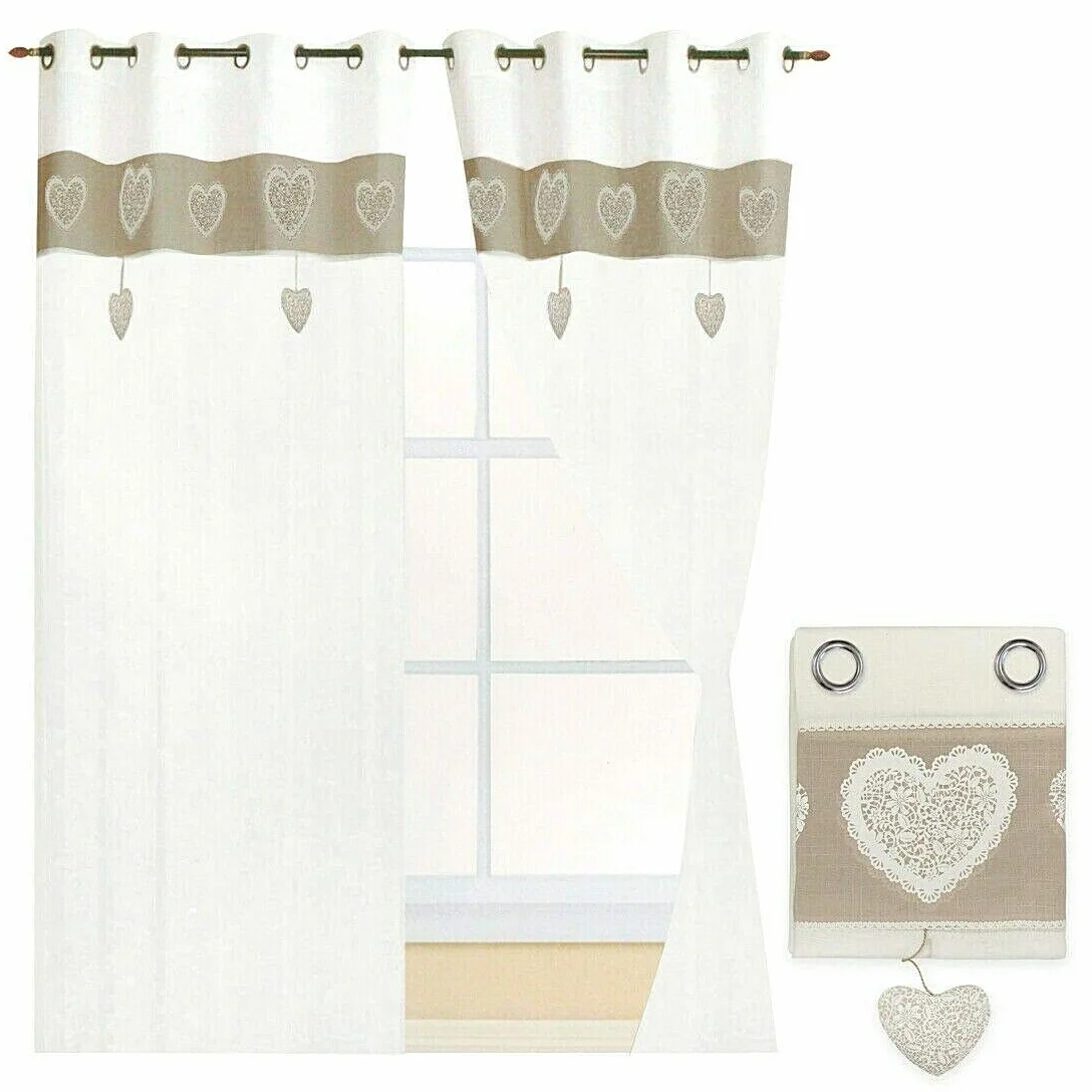 emmevi Tende Finestre Porta Interno Tessuto Lino Semitrasparente Coppia 2 Pz più Misure Shabby Chic MOD.Tenda Cuori 2 CONF 140X290