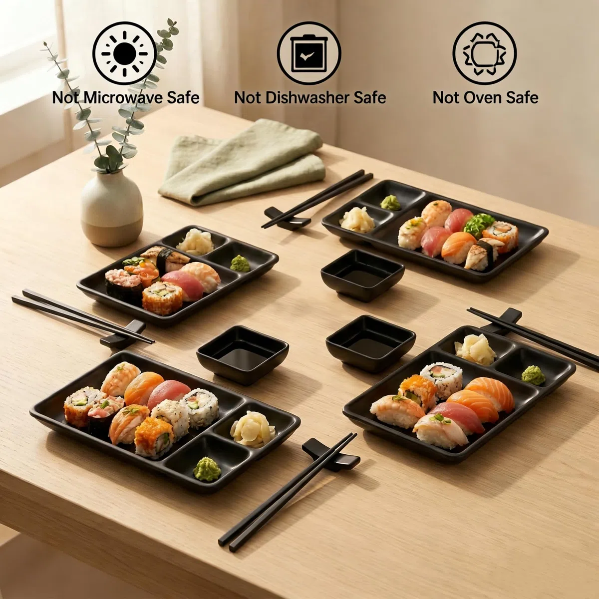 Pumtus Set di piatti giapponesi per sushi, 16 pezzi, in melamina, set di stoviglie per sushi, include 4 piatti da portata per sushi, 4 piatti per salsa di soia, 4 paia di bacchette, 4 supporti per