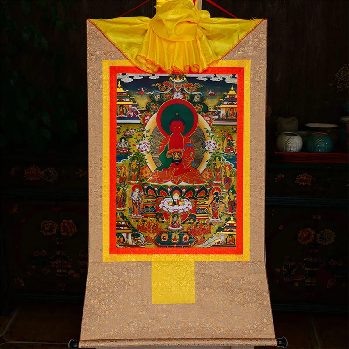Gandhanra Thangka Tibetano - Amitabha Terra Pura Thangka - Elysium del Buddhismo - Arazzo di Buddha a Stampa Dorata per Decorazione Zen, Meditazione, Rilassamento Spirituale e Pace