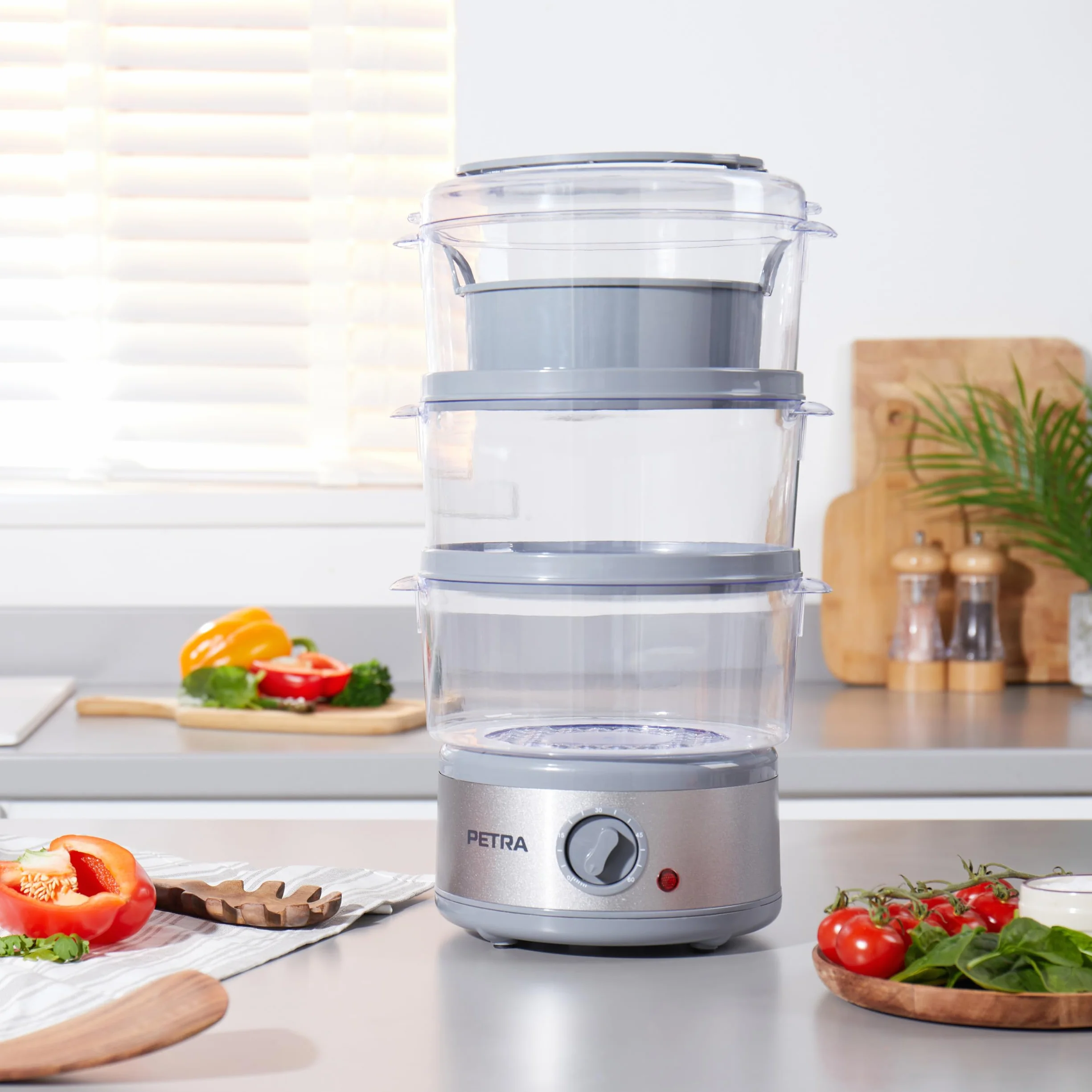 Petra PT2726ZV2HEVDE - Vaporiera elettrica a 3 livelli, 7,5 l, cestelli e contenitore per riso senza BPA, design compatto, timer da 60 minuti, 500 W, ciotole rimovibili, per carne e verdura