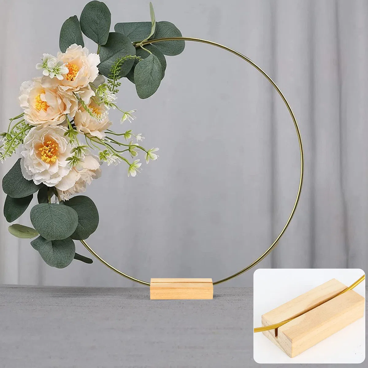 10 pneumatici rotondi in metallo da 30 cm, con 10 supporti in legno esagonali, anelli decorativi in metallo dorato, con supporto in legno, per fai da te, per matrimoni, decorazioni e