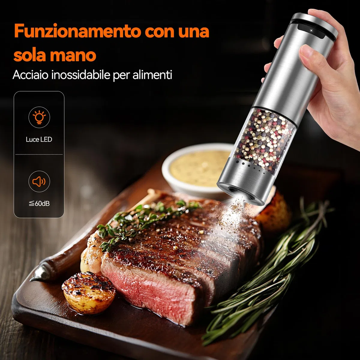 VOXON Set di 2 macine per sale e pepe con USB, ricaricabili a 5 livelli, regolabile, macinazione automatica, pepe elettrico con luce LED per barbecue, ristorante cucina