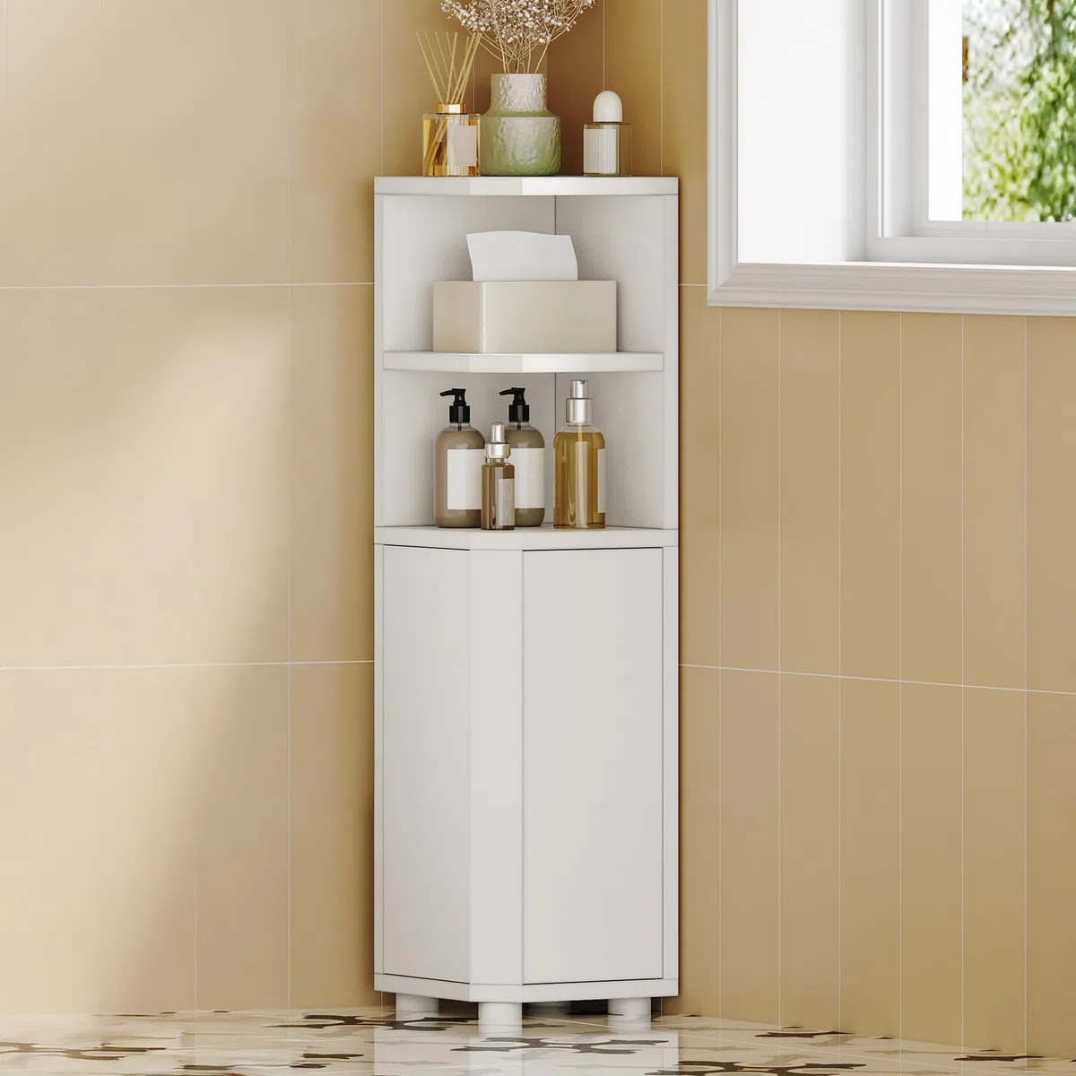 Hzuaneri Mobile da Bagno, Mobiletto Angolare per Bagno con Ante - Organizzatore Stretto per Water con Ripiano Regolabile, 2 Spazi Aperti e 2 Porte Laterali, 20 x 20 x 79 cm, Bianco BC20003X
