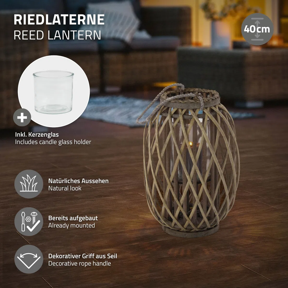 ECD Germany Lanterna Decorativa con Manico 40 x Ø 26 cm Legno Naturale Grigio/Marrone con Vimini Portacandele Rustica con Inserto in Vetro retrò da Giardino Terazza o Balcone per Interno o Esterno