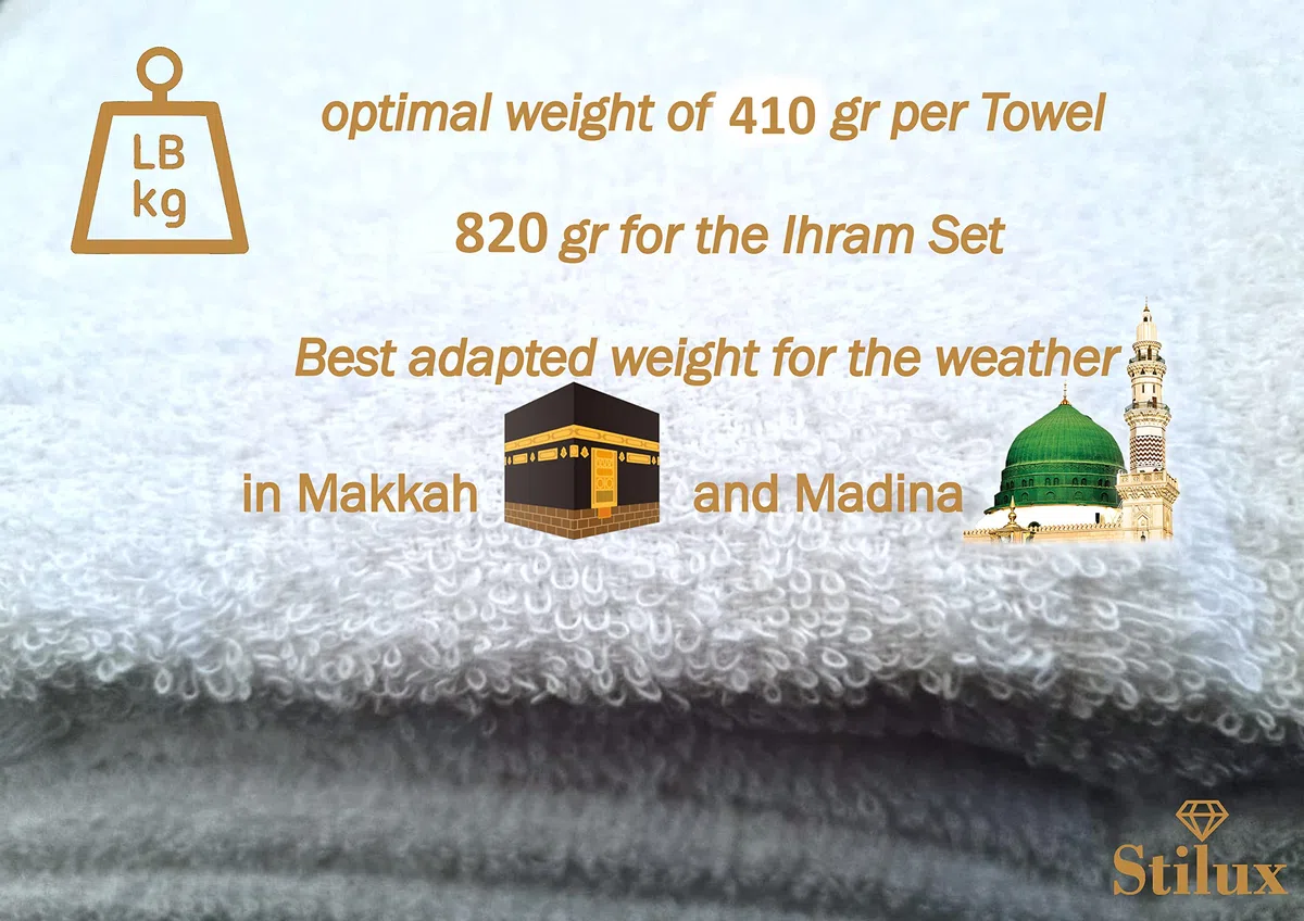 Set per bambini Ihram Ehram Ahram per Hajj e Umrah, 820 g, 2 asciugamani bianchi 78 x 155 cm, 100% cotone naturale, igienico, comodo e ad asciugatura rapida
