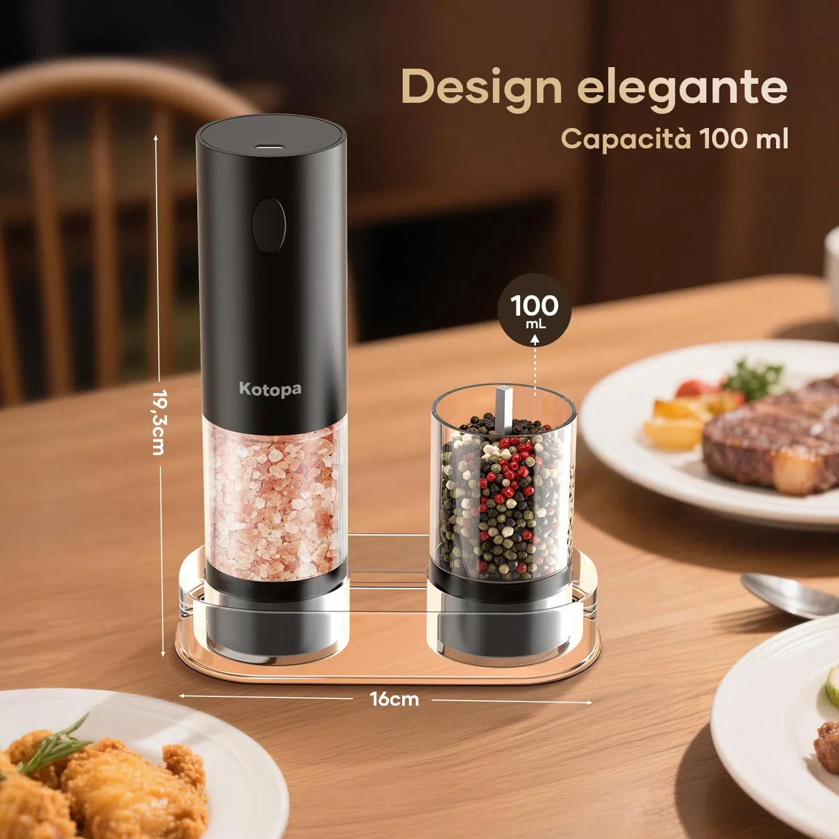 Kotopa Macina Sale e Pepe Elettrico Ricaricabile, Macinapepe Elettrico con Macinino in Ceramica a 5 Livelli Regolabile, Base, Luci LED, 100mL - Set da 2 (Nero)