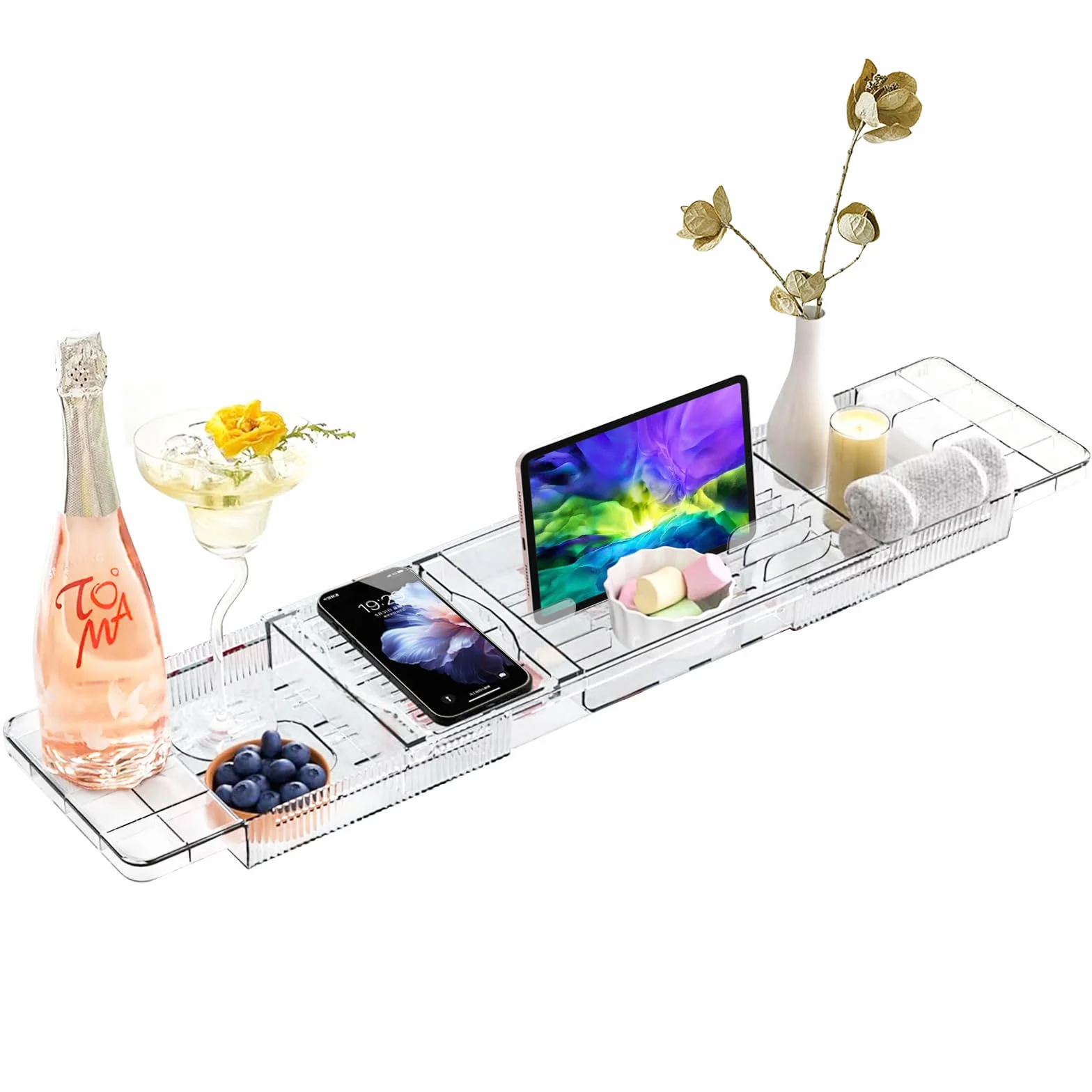 Vassoio vasca da Bagno in Acrilico, Vassoio per Vasca da Bagno Estensibile, Mensola Vasca da Bagno per Contenere iPad, Bicchiere di vino e Libri, vassoio Bagno Trasparente, Accessori Vasca da Bagno