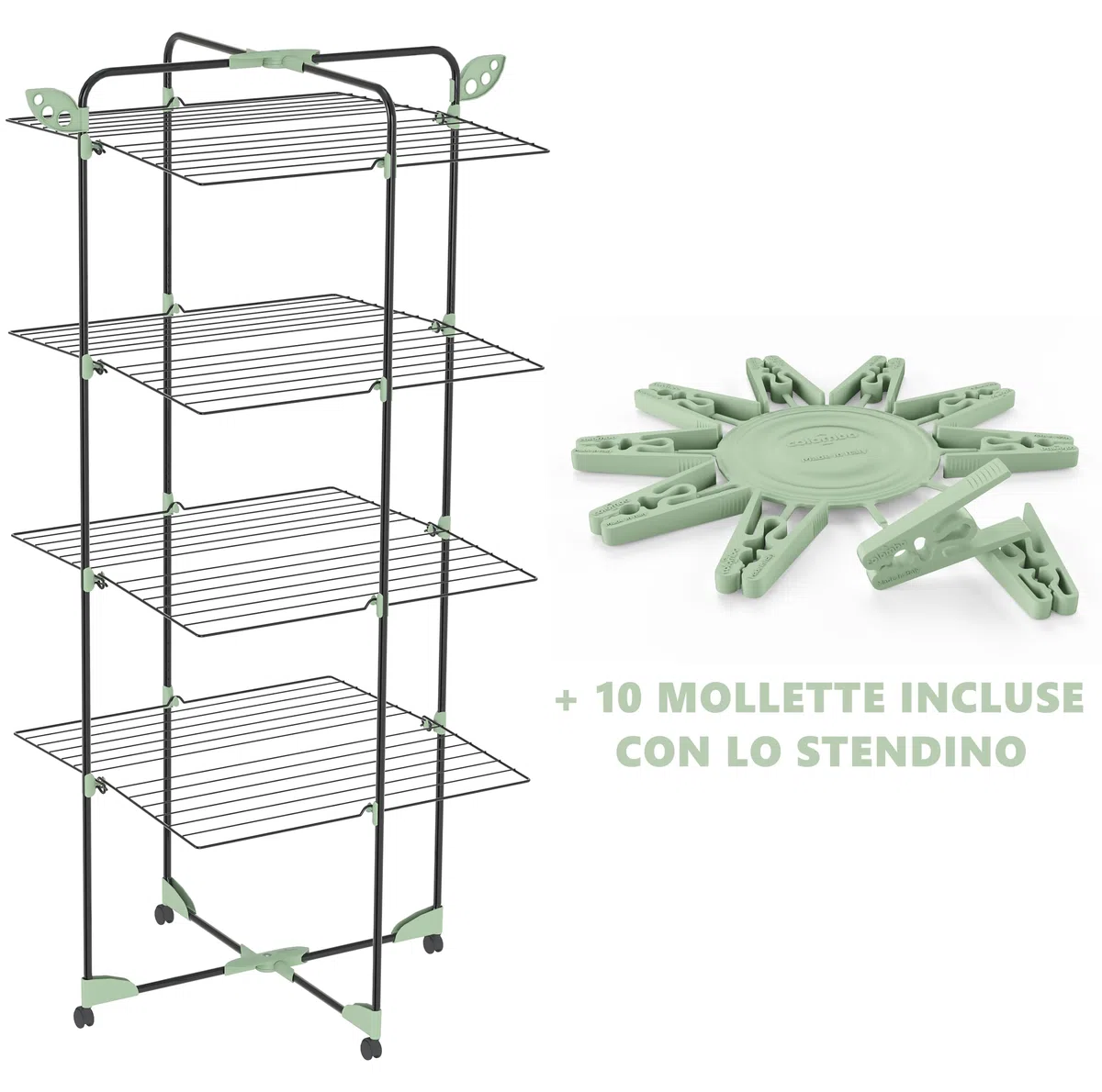 Colombo Stendibiancheria Verticale Tower 40 | Stendino Verticale Pieghevole Salvaspazio in Acciaio Antiruggine con Ruote Antigraffio, Portagrucce | 10 Mollette Incluse | Stenditura 40m | Made in Italy