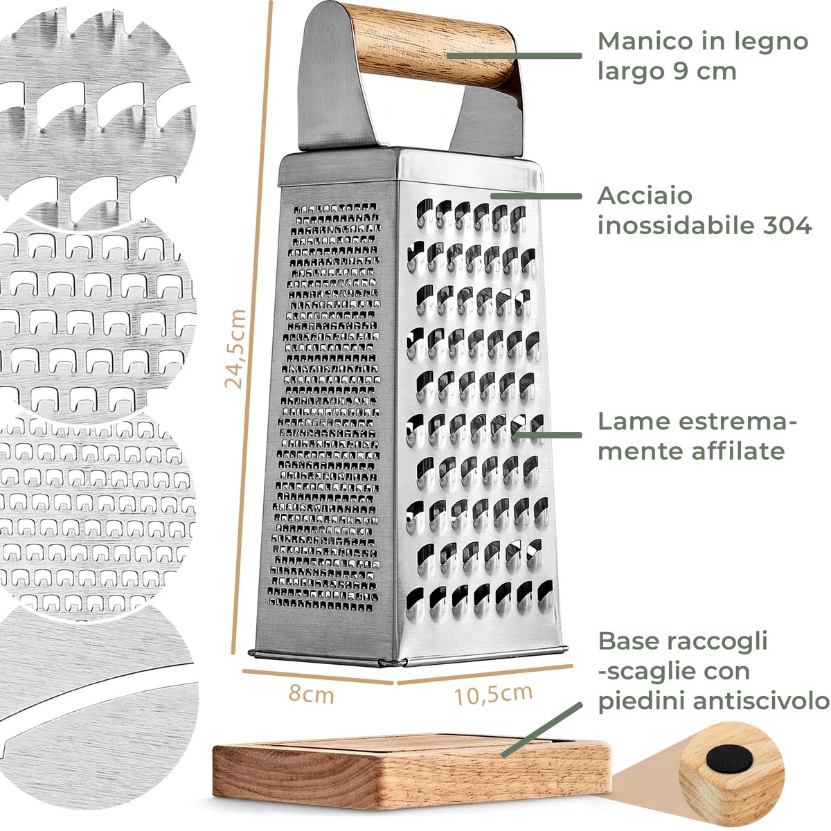 WALDWERK Grattugia Design (24,5x10,5 cm) – Grattugia formaggio manuale in acciaio inox con lame incise – Grattugia verdure con vassoio raccoglitore in legno massello senza plastica