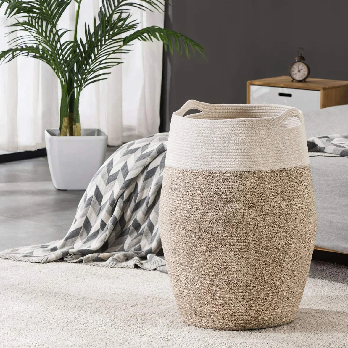YOUDENOVA Cesto Portabiancheria Portaoggetti Intrecciato 105 L Stoccaggio Cestino Tessuto Pieghevole Grande Organizzatore di Corda di Cotone Biancheria da Bagno Lavanderia con Manico Marrone