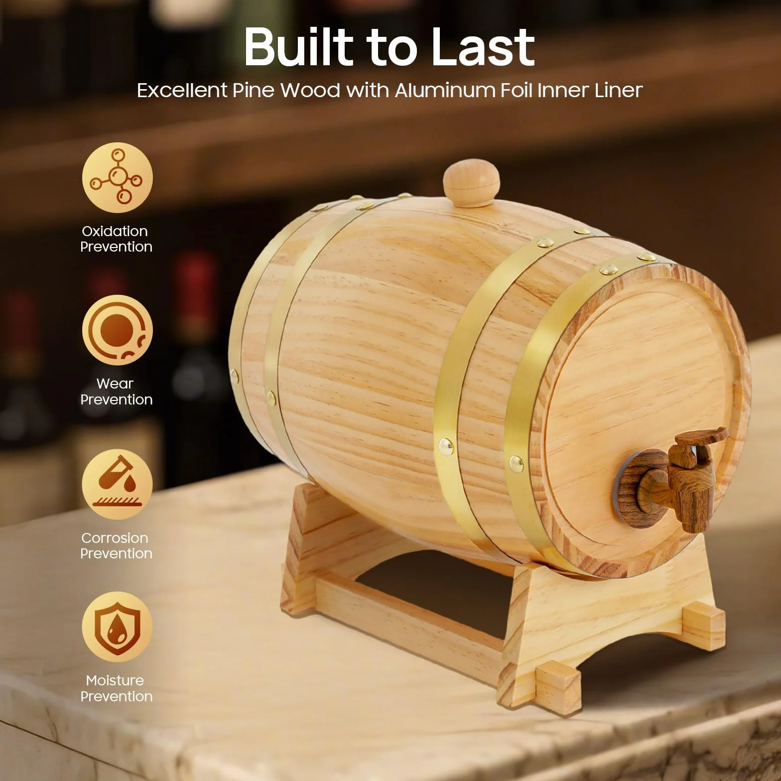 Botte di vino da 3 l con supporto e rubinetto Log Color Barile di legno per whisky adatto per la conservazione di whisky rum brandy tequila vino birra, ecc