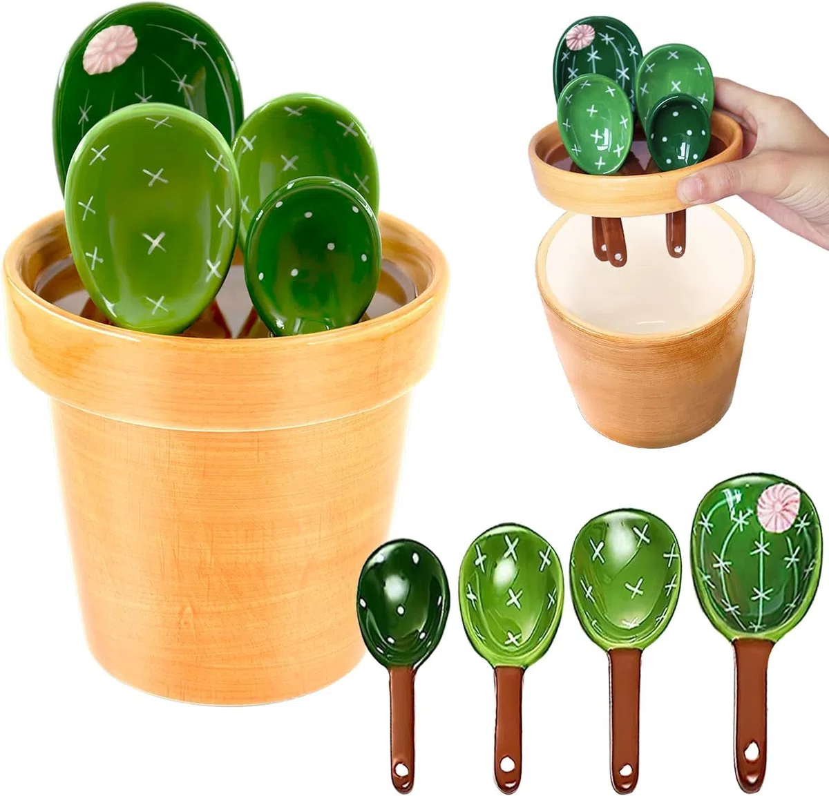 Set di cucchiai dosatori in ceramica a forma di cactus, 5 pezzi, simpatici misurini e cucchiai per cucina, per misurare liquidi, alimenti, sale e zucchero, con base tazza (verde)