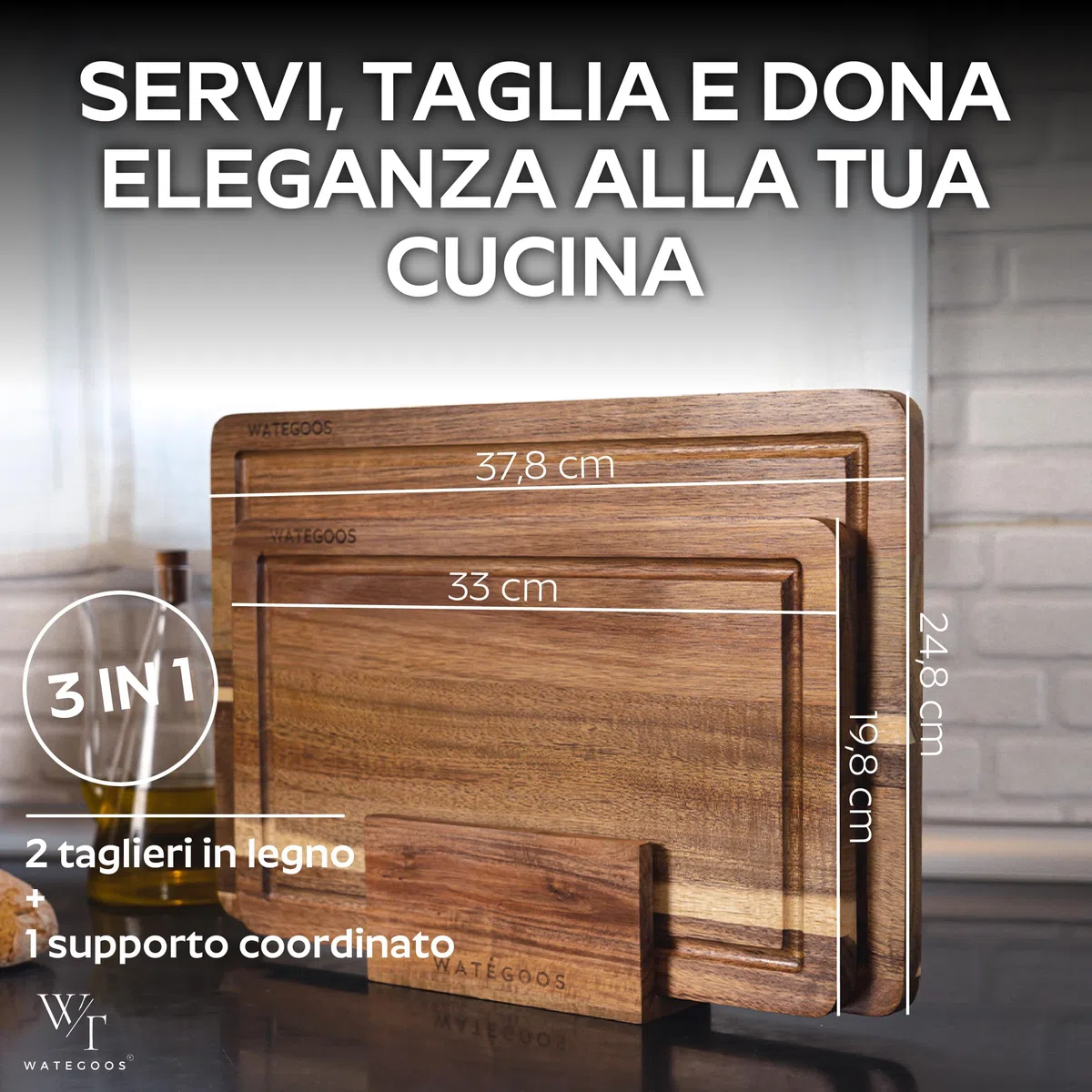 Set Taglieri da Cucina in Legno di Acacia - 2 Taglieri con Supporto - Tagliere in legno Grande e Piccolo, Resistente ed Ecologico