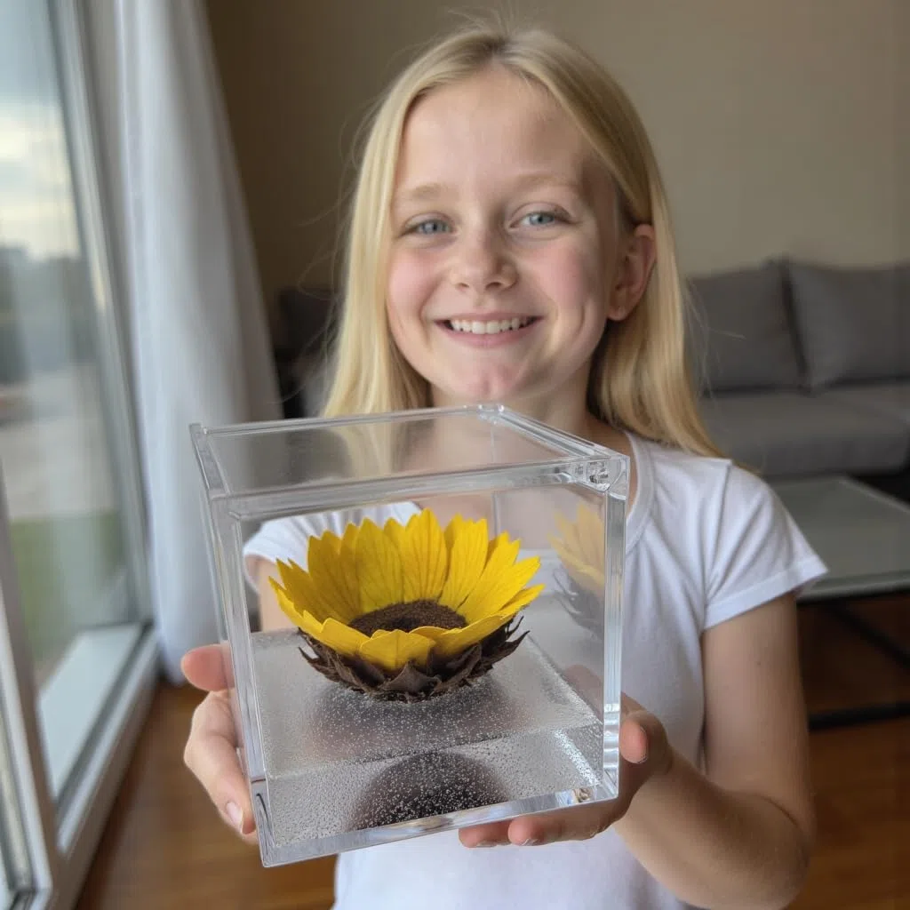 Cubo Girasole Stabilizzato 8cm Girasole eterno, Idea Regalo Fidanzata, Mamma, Regalo Natale, Compleanno, Anniversario,
