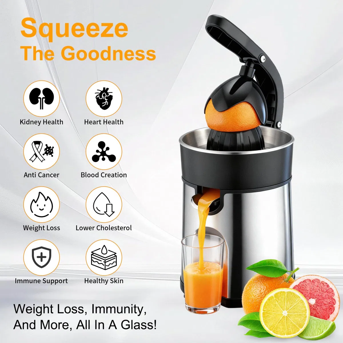Romon Spremiagrumi Elettrico, 85W Spremi Limone Frutta Verdura Elettrici Machine, Citrus Juicer 2 Coni Dimensioni, Acciaio Inox Elettrodomestici Cucina Antigoccia Senza BPA per Arance Limoni Pompelmi
