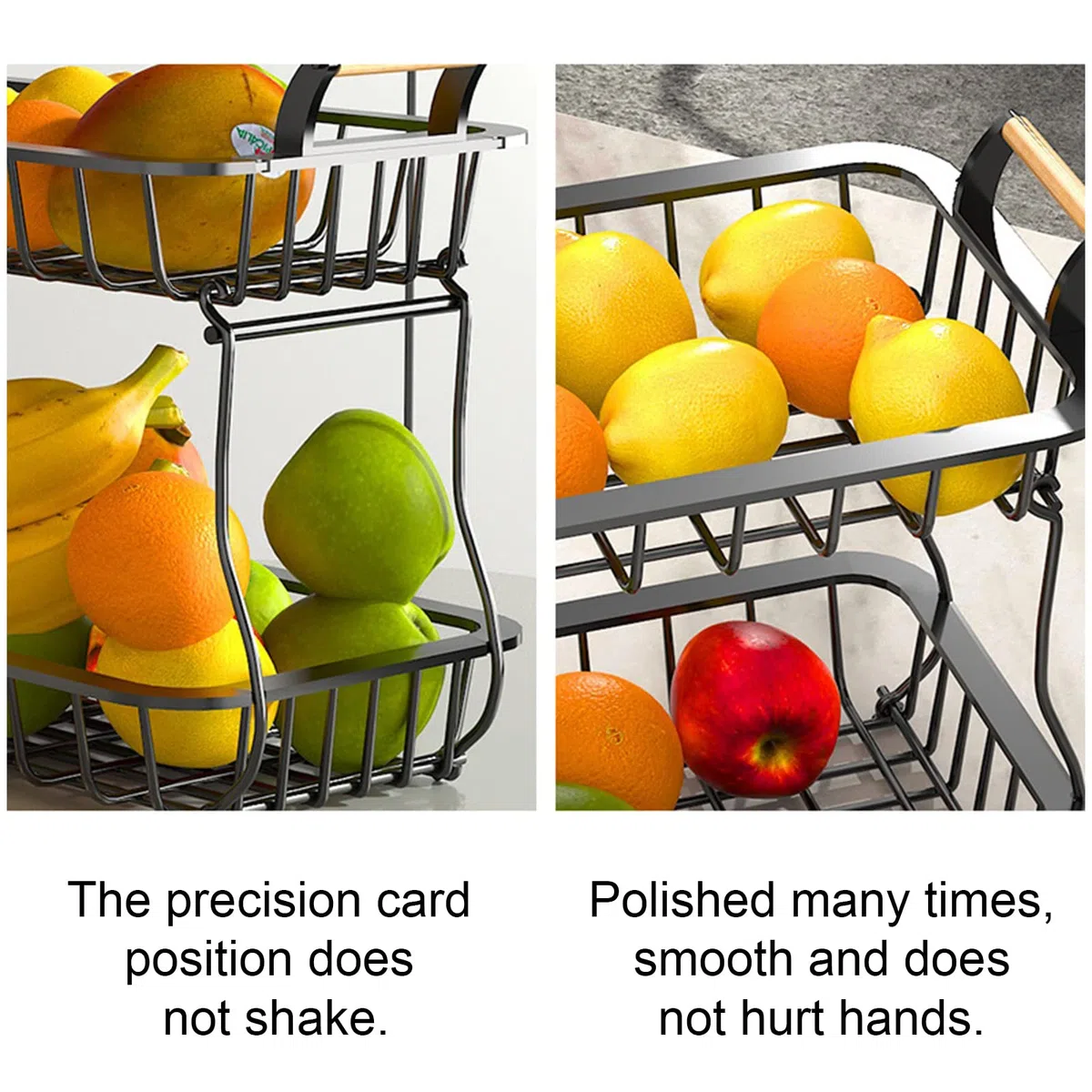 BestAlice Cesto Portafrutta a 2 Livelli per Piano di Lavoro della Cucina, Cestini per Il Pane Portafrutta Supporto per Verdure con Manico in Legno, Cesto in Filo Metallico Staccabile(Bianco)