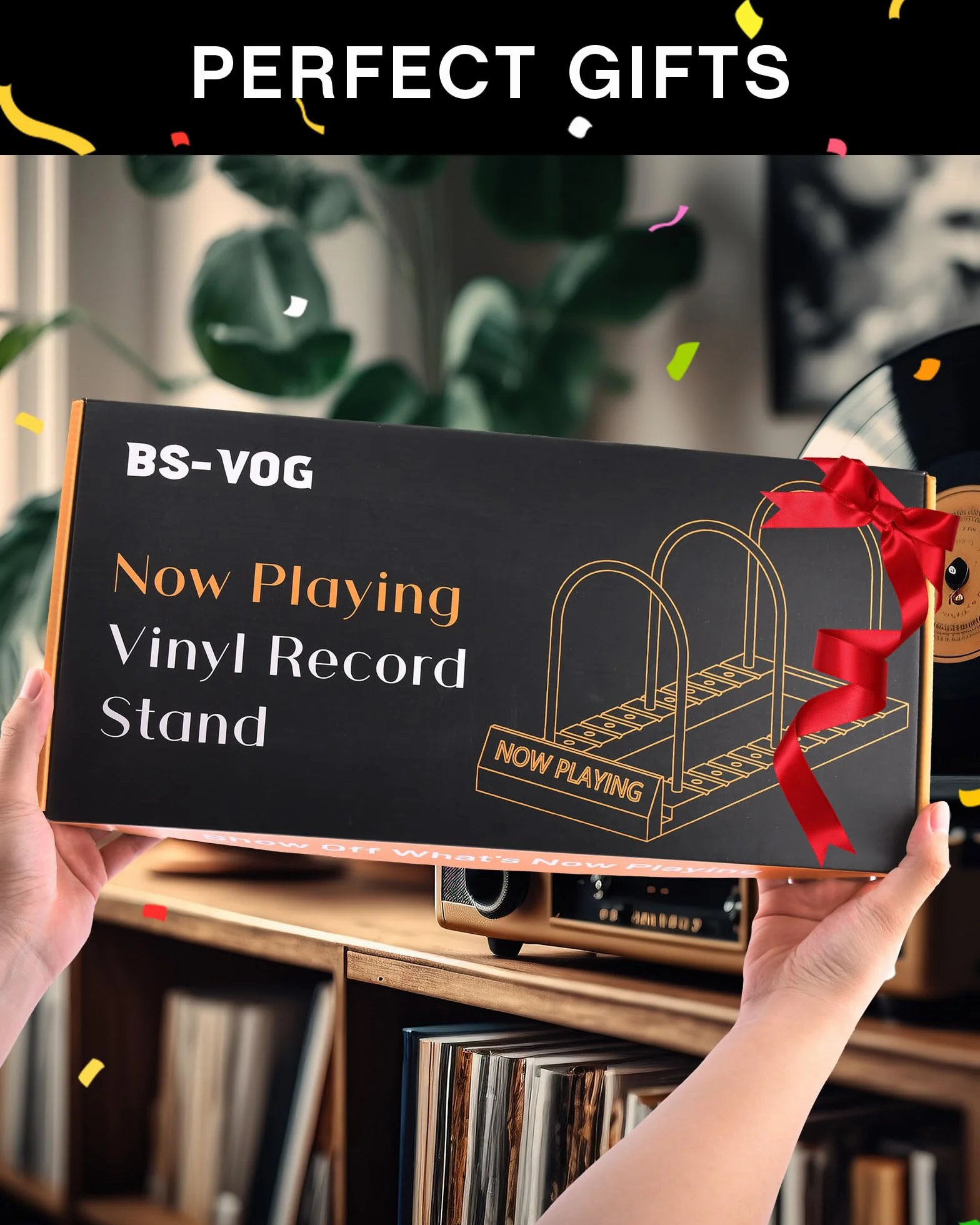 BS-VOG Supporto per Porta Vinili, con Scanalature Antiscivolo, per 50 Porta Dischi Vinile, Organizer in Legno, Ideale per Album, Confezione Regalo