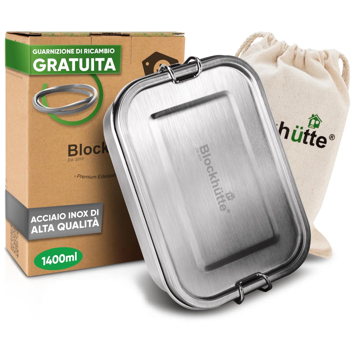 Blockhütte Lunch Box Acciaio Inox con 3 Scomparti Flessibili I 1400ml Contenitore Porta Pranzo acciaio I Bento Box, Portapranzo Ufficio, Schiscetta Pranzo per Adulti, Lunch Box ermetico