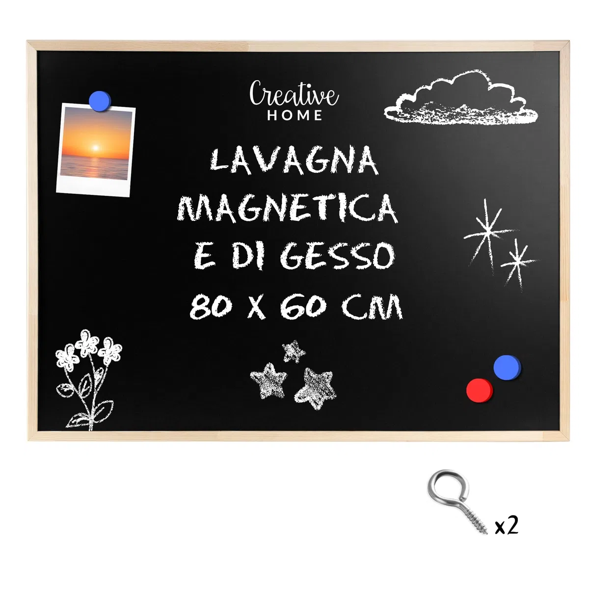 Creative Home Magnetica Lavagna per Gesso 80 x 60 cm (+/- 2) | Lavagna da Parete Nera con Cornice Legno | Bacheca Parete Gessetti - Lavagna Cancellabile | per Scuola, Casa, Ufficio, Cucina per Bambini