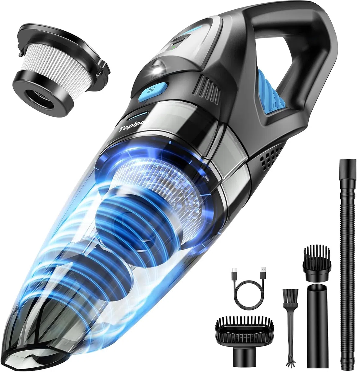 Topipop Aspirabriciole Senza Fili,Aspirapolvere Auto con Potenza di Aspirazione Elevata di 25KPa,Handheld Vacuum Cleaner Portatile con Filtro HEPA per Leggero per Peli di Animali,Tappeti,Casa (Nero)