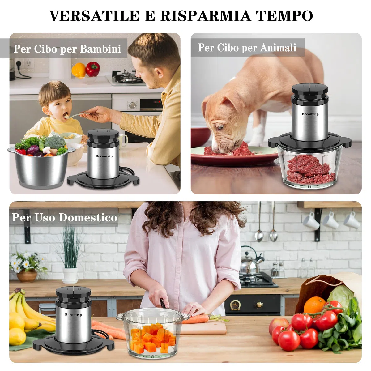 Tritatutto da Cucina Elettrico, 500W 2L Tritatutto Elettrico con Motore in Rame, 2 Ciotole (Vetro + Acciaio Inox), 4 Lame Affilate, 2 Velocità, Mini Frullatore per Carne/Verdura/Baby Food