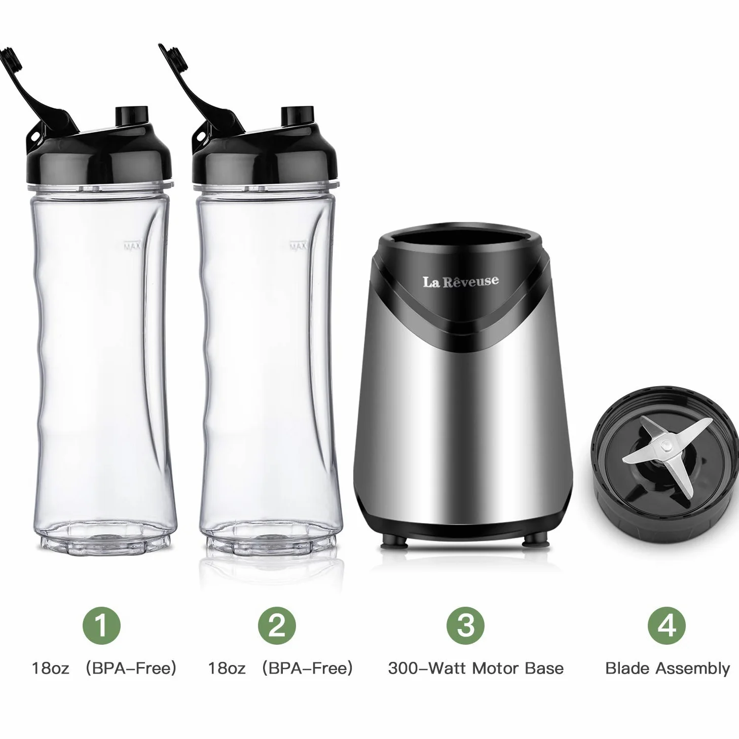 La Rêveuse Frullatore Personale Mini-size Blender con 2 Bottiglie Portatili 550ml,senza BPA,2 Coperchi da Viaggio,Mixer per Smoothie (Silver)