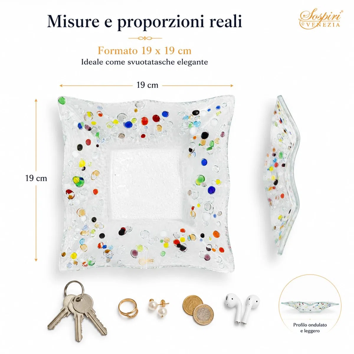 Sospiri Venezia - Svuotatasche Vetro Murano Decorato a Mano Soprammobile Casa- Idea Regalo Cerimonia Bomboniera con Scatola Elegante (18,5x18,5 cm, Quadrato)