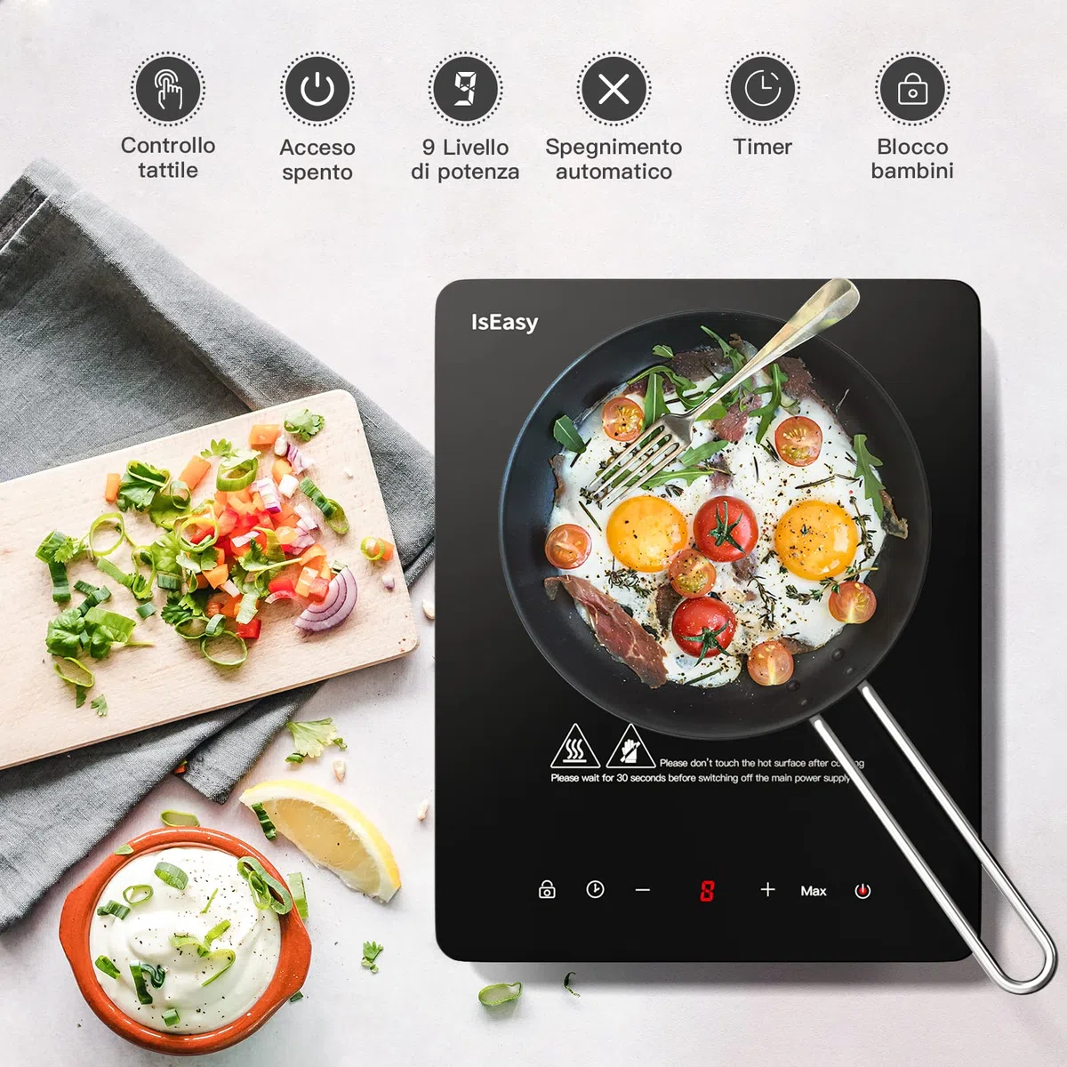 Piastra ad induzione, design portatile ultrasottile, controllo touch sensor e blocco di sicurezza, 2100W