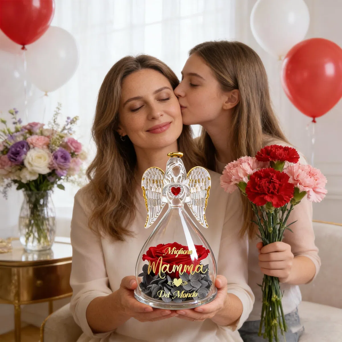 Sunia Festa della Mamma Idee Regalo, Rosa Eterna Angel stampata con Migliore Mamma del Mondo, Miglior Regalo per Mamma, Rose Stabilizzata Vera con Angelo di Vetro, Regali Festa della Mamma Originali