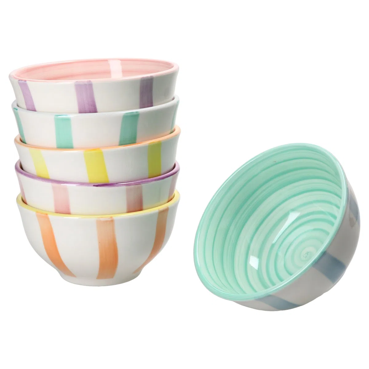MamboCat Beach Pastello Stripes - Set di 6 ciotole per snack e dip, 12 cm, 220 ml, in gres porcellanato con strisce pastello per 6 persone, mini ciotole per salse, frutta, mini insalata, noci e così