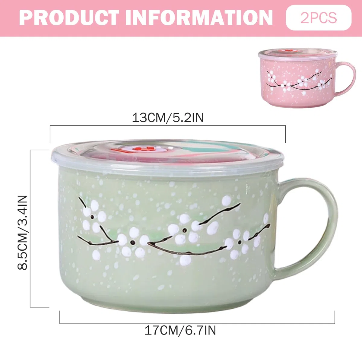 2 ciotole per zuppa con manici 800 ml/28 oz sigillatura tazza da zuppa resistente al calore per microonde con coperchio tazza da viaggio in ceramica floreale Wintersweet per porridge di ramen, ciotol