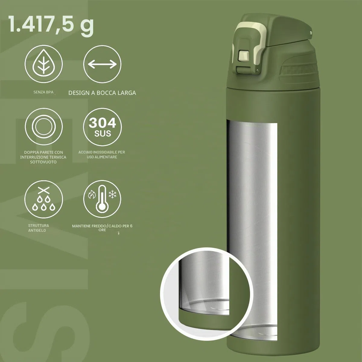 Santeco, borraccia con blocco di sicurezza anti-perdita, thermos in acciaio inossidabile da 1,5 l, senza BPA, con borsa da trasporto, bottiglia termica per acqua, adatta per il lavaggio in