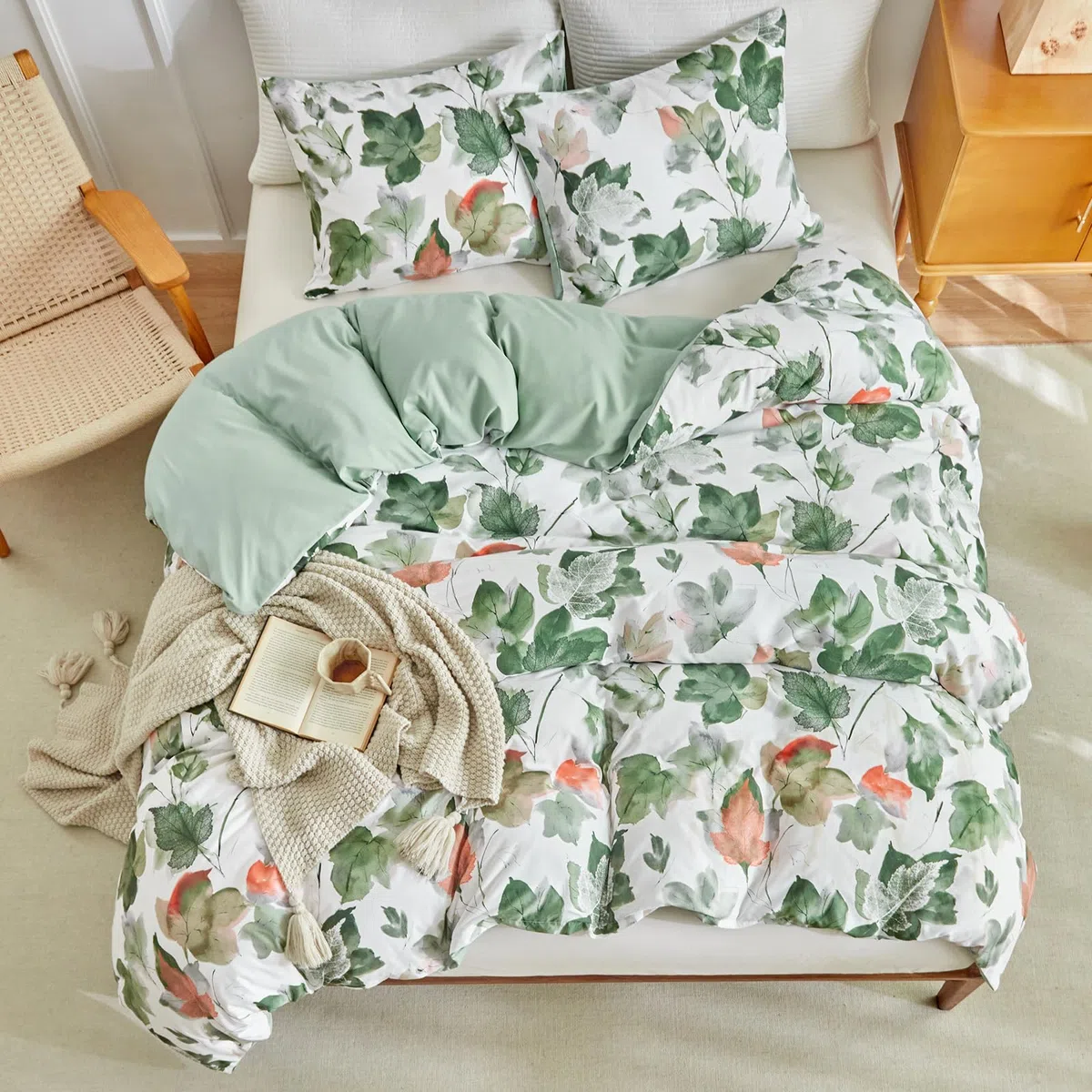 Lekesky Set Copripiumino Matrimoniale 260x240cm, Copripiumino Matrimoniale 3 Pezzi in Microfibra con Motivo a Acquerellato, Comprendente 1 Copripiumino 260x240cm + 2 Federe 50x80cm, Verde Acero