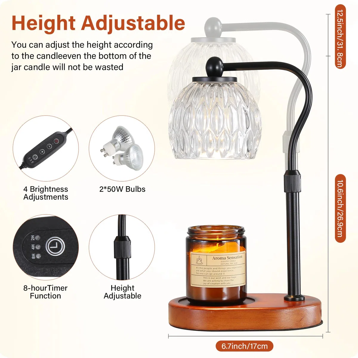KPUY Lampada a Candela, Lampada a Candela con Timer e Dimmer, Regolabile in Altezza, con 2 Lampadine, per Candele in Barattolo e Candele Profumate Senza Fiamma, nero