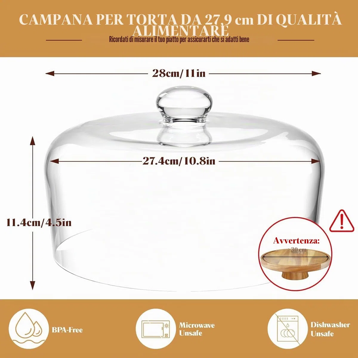 Copertura per torta in vetro da 27,9 cm, per alzata per torte, trasparente con coperchio a cupola in vetro per esposizione e protezione, adatta per cucina, compleanni e matrimoni