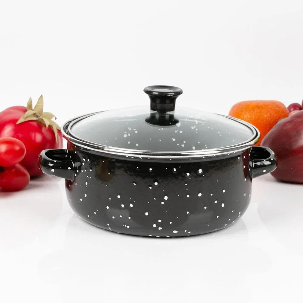 Herzberg HG04128 - Set di 10 pentole e padelle con coperchi in vetro, smalto nero, manici confortevoli, dimensioni versatili (16-24 cm), durata superiore, facile da pulire