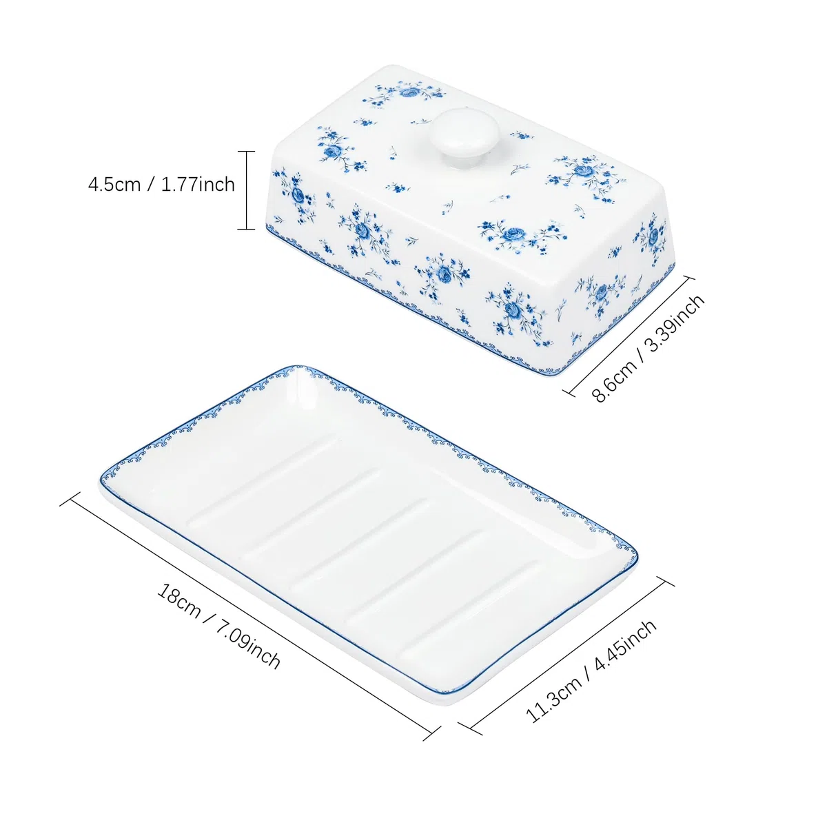 Fanquare Burriera in Ceramica a Fiori Blu con Coperchio e Manico per 250 g di Burro, Grande Burriera in Porcellana, Alta Qualità