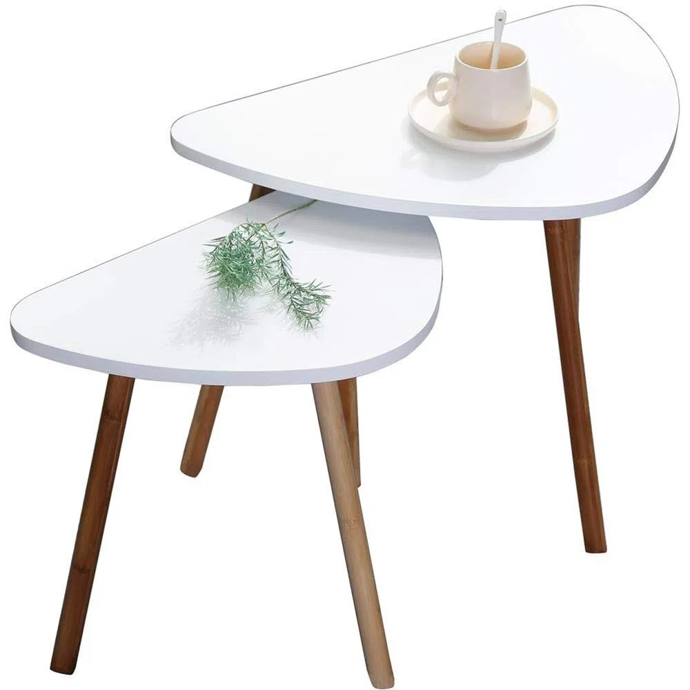 Set 2 Tavolini da Caffe Bianchi in Legno Scandivavi 60x40xH45 E 46x30xH41 Minimalisti Appoggio Piante Vasi Comodino Legno MDF. Tavolini Salotto