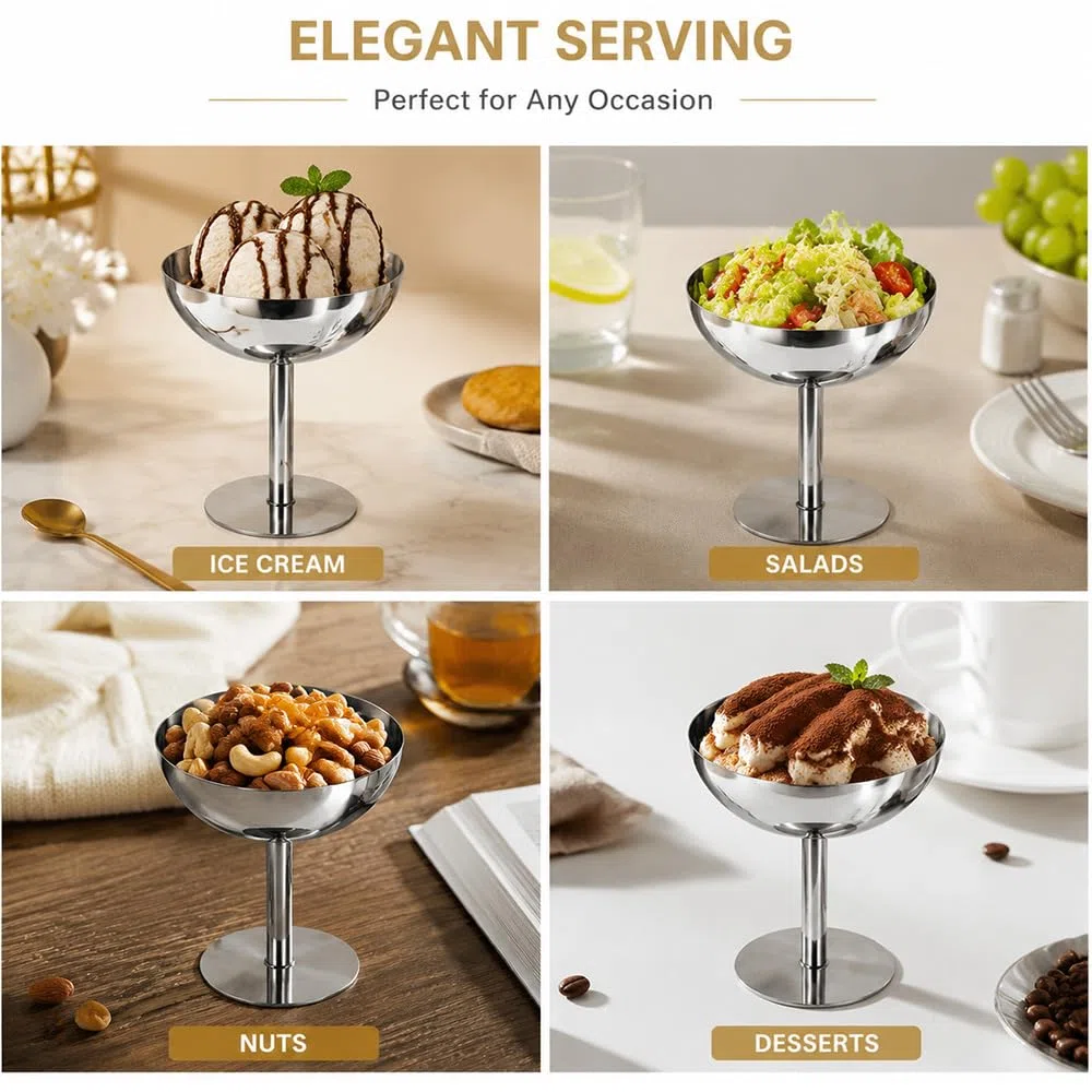 4 Pezzi Coppe Gelato Acciaio Inox 240 ml Coppette Gelato con Piede Tazza Coppe Dessert in Acciaio Inossidabile Ciotole da Dessert per Budino Yogurt Frutta Insalata (10 x 11 cm)