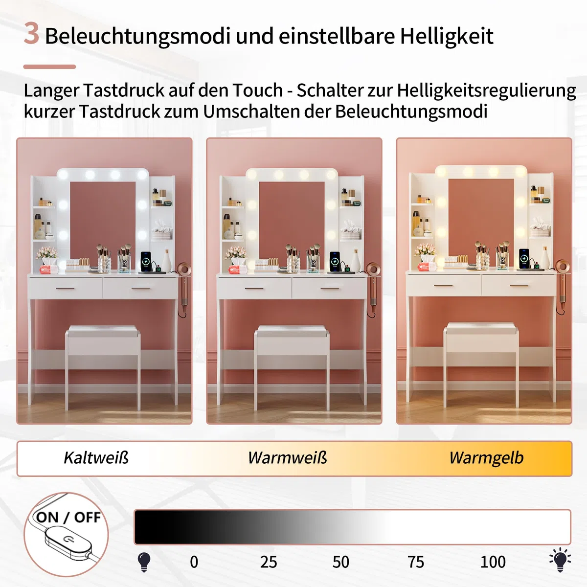BonVache Toeletta con illuminazione, regolazione della temperatura del colore, toeletta con specchio e prese elettriche, tavolo cosmetico con 6 ripiani aperti e supporto per asciugacapelli, con 2