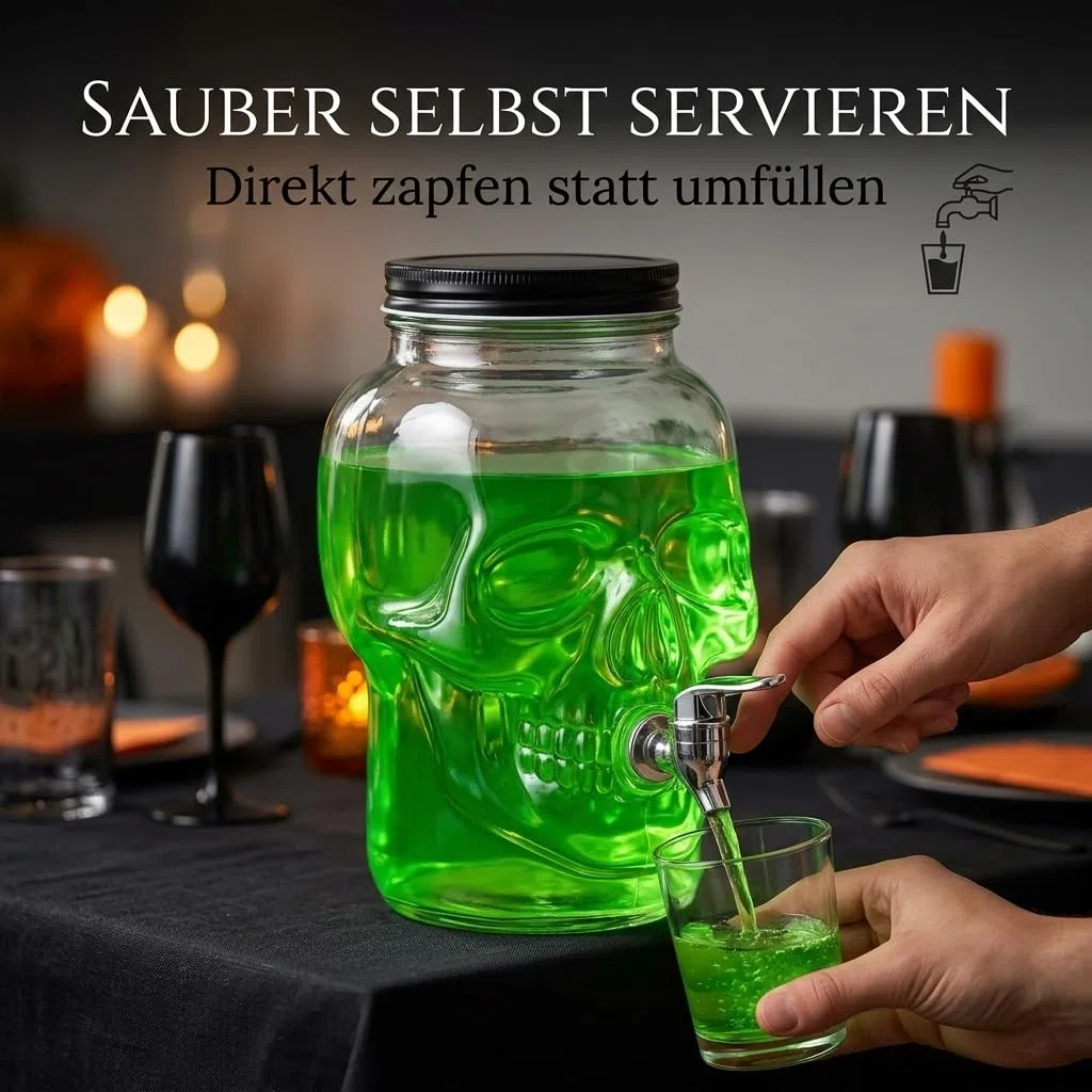 MIJOMA Dispenser per bevande a forma di teschio, 4 l, in vetro con rubinetto per Halloween, feste, bar, decorazione per bowle, cocktail, succo di acqua
