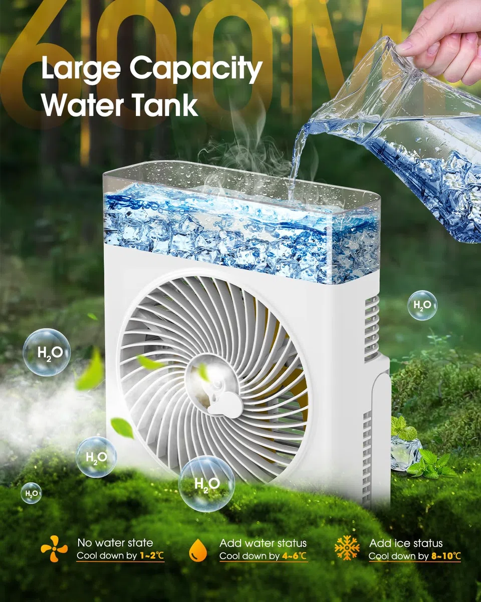 Ventilatore Nebulizzante Portatile, 8000mAh 20cm Ventilatore Ricaricabile a Batteria con Serbatoio Acqua da 600mL, Ventilatori da Scrivania Raffreddanti per Esterno, Perfetto Nebulizzatore ad Acqua