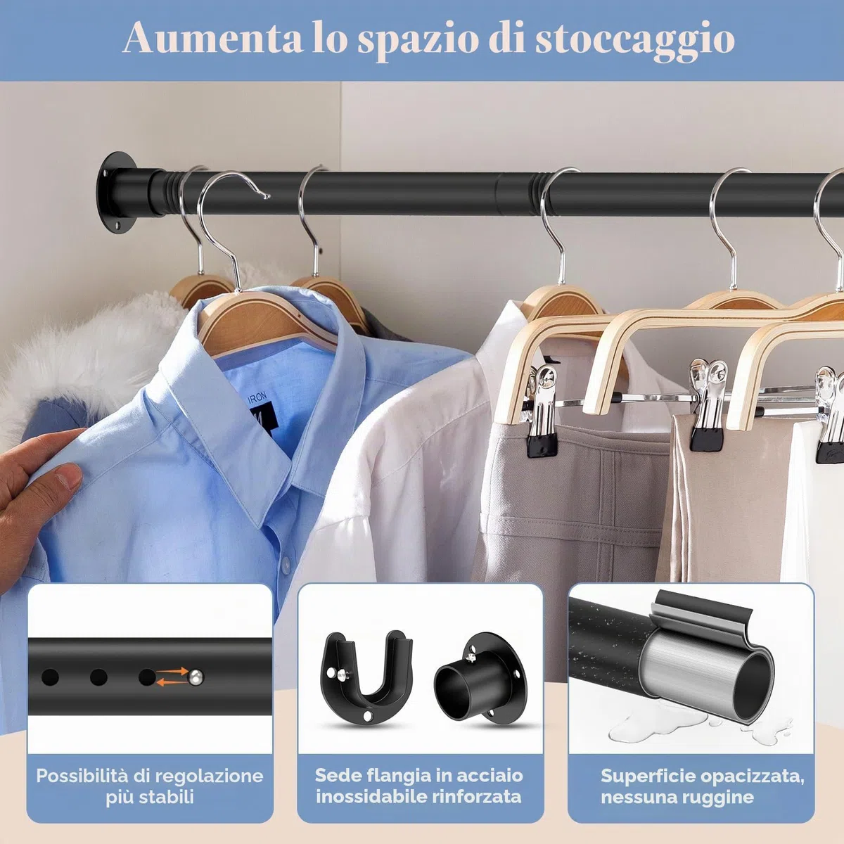 Bastone appendiabiti estensibile nero, 74-130 cm, appendiabiti robusto con punte, diametro 33 mm, adatto per armadi, balconi, bagni.