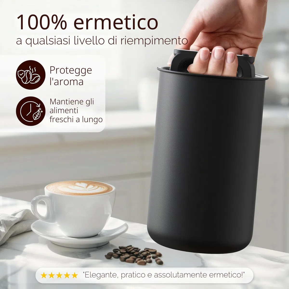 KC Kitchen & Co. Barattolo ermetico per chicchi di caffè da 1 kg, con coperchio sottovuoto (supporto per caffè, tè, barattolo in acciaio inox, chiusura aroma, barattolo di latta, nero opaco, 2800 ml
