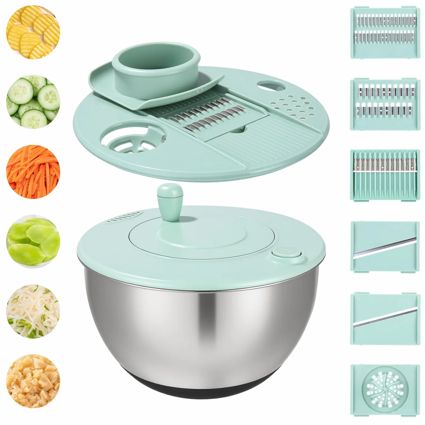 5 l, centrifuga per insalata con coperchio con 6 taglierine e 1 tagliere, centrifuga per insalata, in acciaio inox, utilizzata per pulire insalate, verdure, frutta, asciugare e tagliare