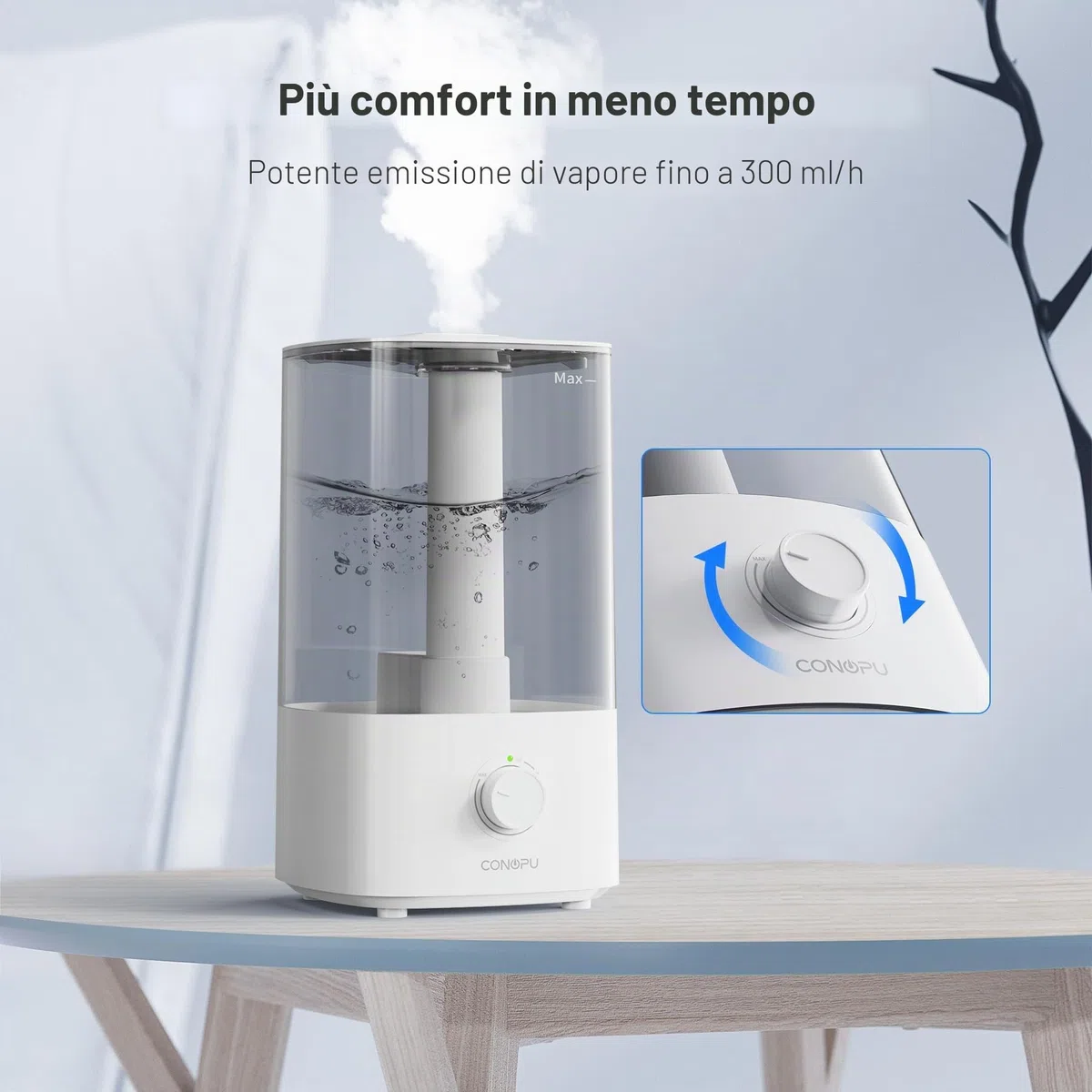 CONOPU Umidificatore, 4 l, umidificatore per camera da letto, camera da letto, camera dei bambini, 300 ml/h, bianco