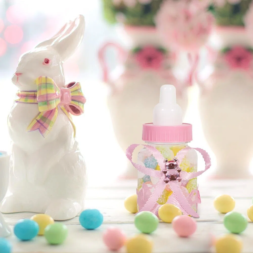 Hztyyier 50 Pezzi Biberon Scatola di Caramelle Regali per Feste in Plastica Bottiglie di Latte per Bomboniere Regali Baby Shower Decor(Rosa)