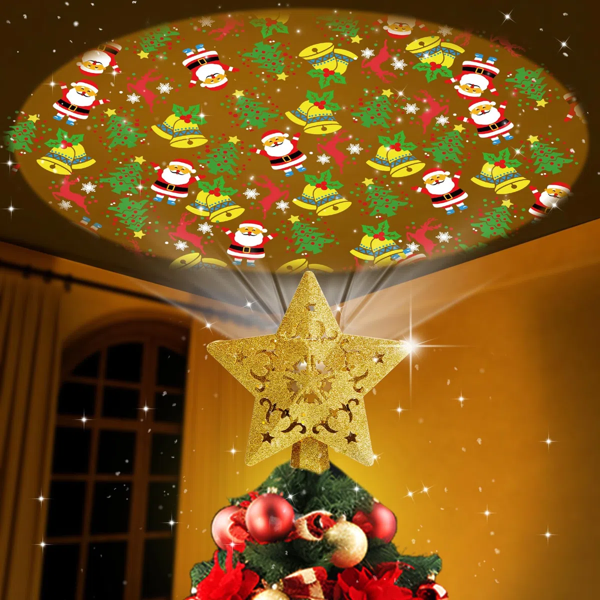 Puntale Stella Albero di Natale, Punta dell'Albero con Proiettore LED Rotante Incorporato, Tree Topper, Stella Albero Superiore, Cima dell'Albero a Stella Decorazione per l'albero di Natale