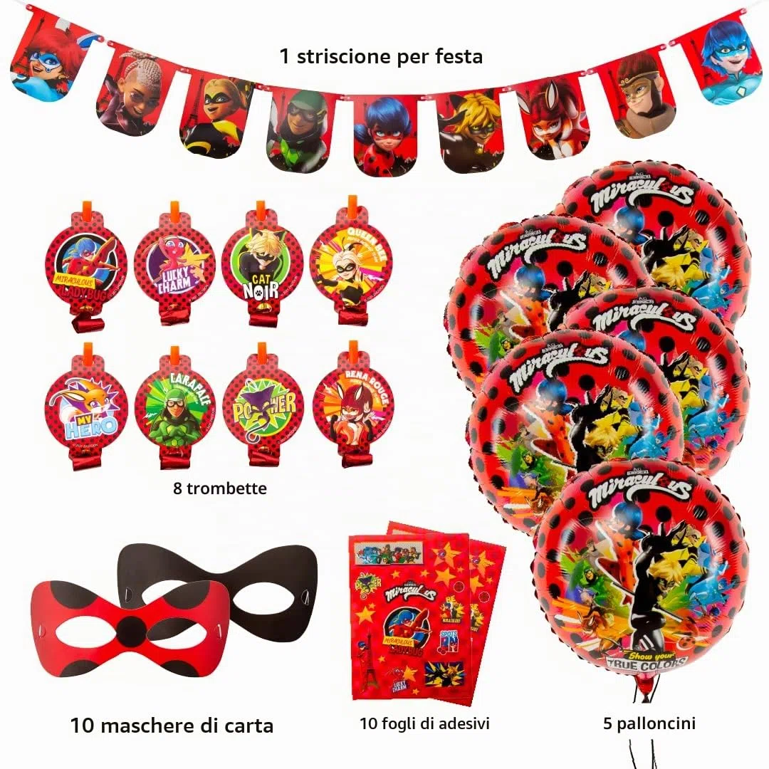 Kit per Festa di Compleanno Miraculous Ladybug in una Scatola - Celebrazione, Festa di Compleanno, Bambini Piccoli - Oltre 100 Pezzi - Gatto Nero - Articoli per Feste - Kit Completo Ufficialmente
